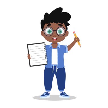 Not defteri ve kalemi olan sevimli bir çocuk.