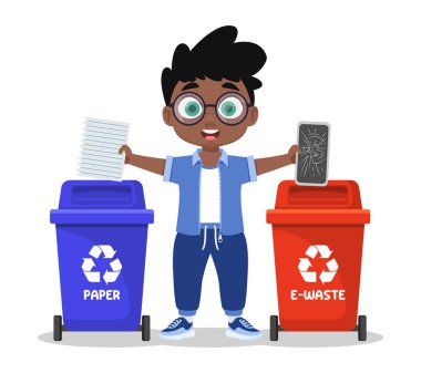Çöpleri, kâğıtları ve elektronik atıkları sıralayan sevimli çocuk.