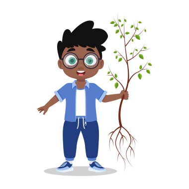 Elinde ağaç olan sevimli bir çocuk.