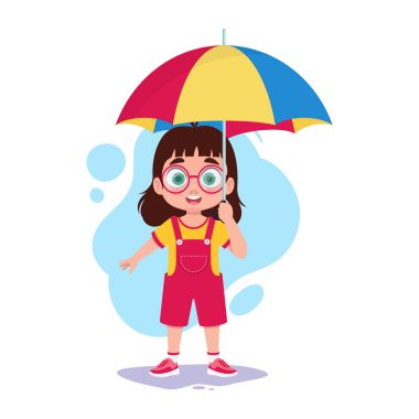 Şemsiye tutan sevimli küçük kız.