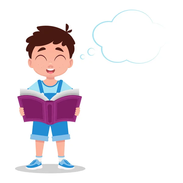 Leuke Jongen Het Lezen Van Een Boek Met Plezier Verbeelden — Stockvector
