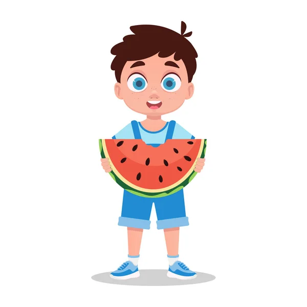 Leuke Jongen Eten Watermeloen Vector Illustratie — Stockvector