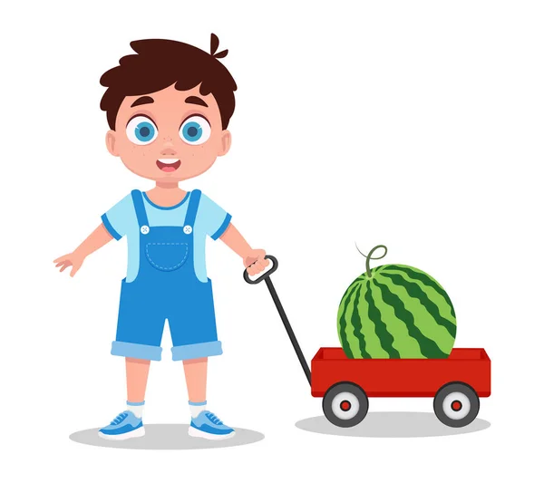 Leuke Jongen Met Karretje Watermeloen — Stockvector