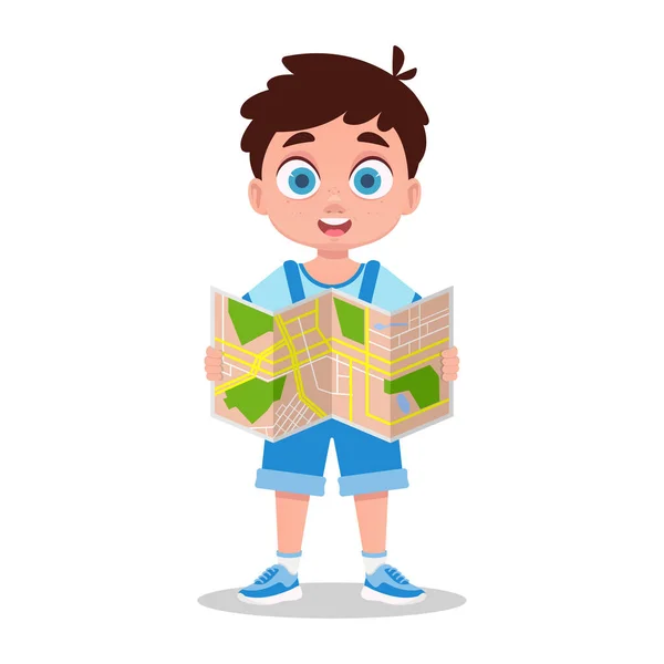 Χαριτωμένο Αγόρι Που Κρατάει Χάρτη Εικονογράφηση Διανύσματος — Διανυσματικό Αρχείο