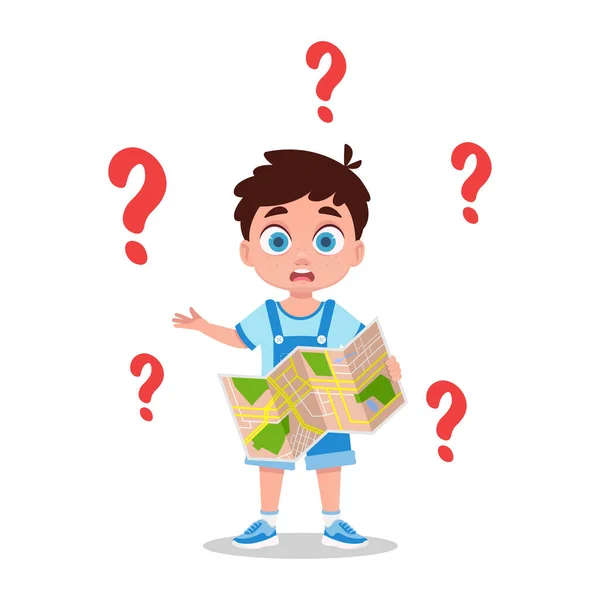 stock vector Cute boy looking for an answer, misunderstanding, question mark