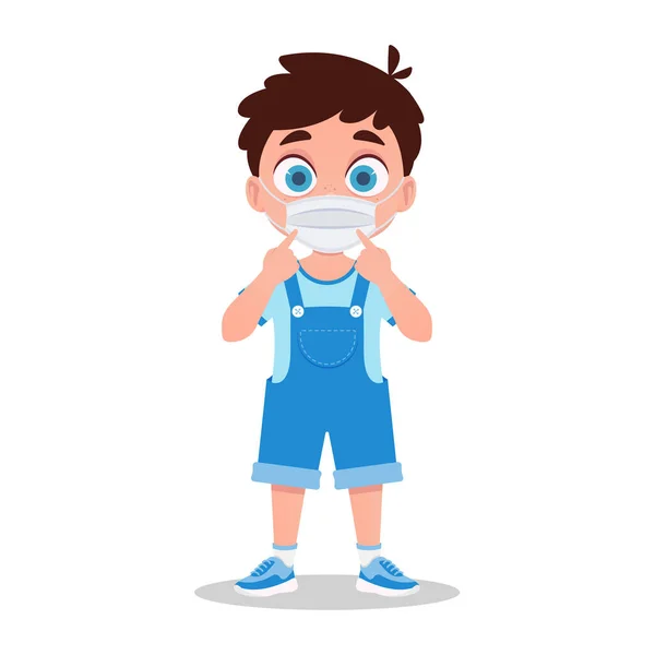 Cute Boy Protective Mask Points His Fingers Mask — Stock Vector