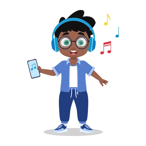 Jongen Met Koptelefoon Die Naar Muziek Luistert — Stockvector