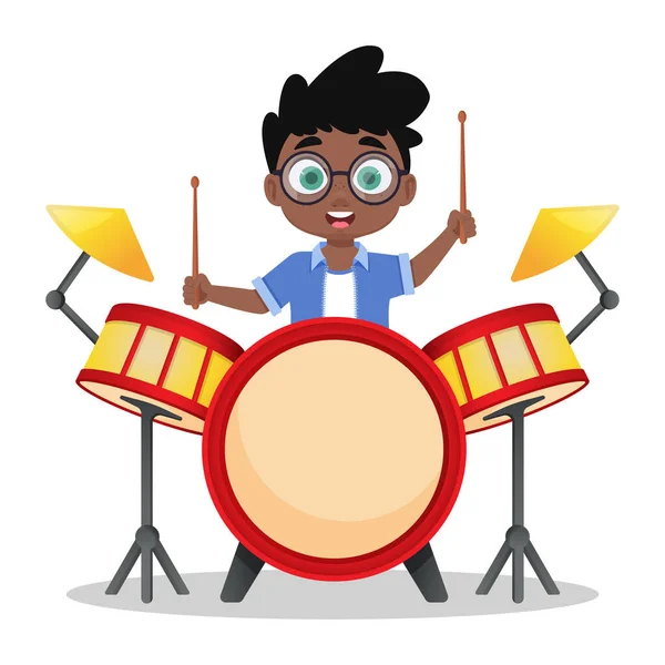 Leuke Jongen Die Drums Speelt Kind Dat Een Muziekinstrument Bespeelt — Stockvector