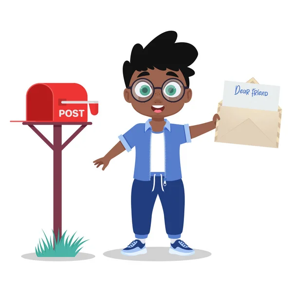 Cute Boy Got Envelope Mailbox — Stock Vector