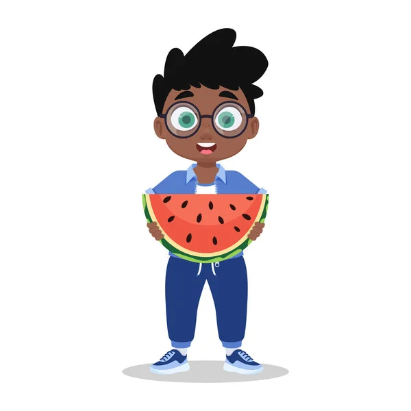 Schattige Jongen Eten Watermeloen — Stockvector