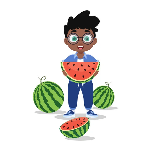 Leuke Jongen Met Een Watermeloen Zijn Handen — Stockvector