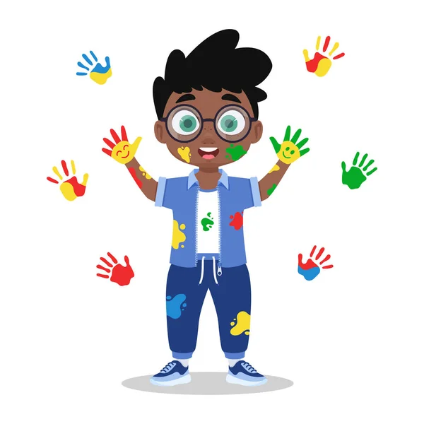 Χαριτωμένο Αγόρι Μπογιές Αποτυπώματα Χεριών Φεστιβάλ Χρωμάτων — Διανυσματικό Αρχείο