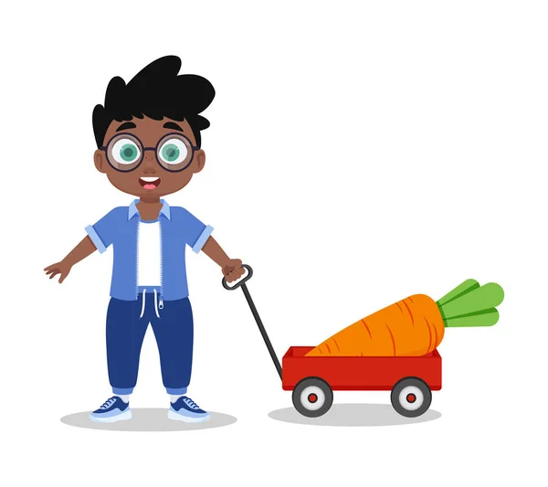 一个带着一车胡萝卜的孩子 一个农民男孩 — 图库矢量图片