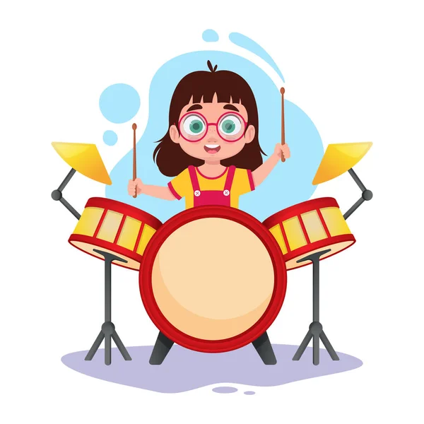 Schattig Meisje Spelen Drums Kind Spelen Een Muziekinstrument — Stockvector
