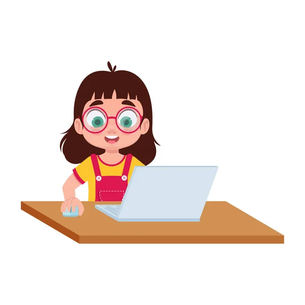Child Girl Study Laptop — Stock Vector