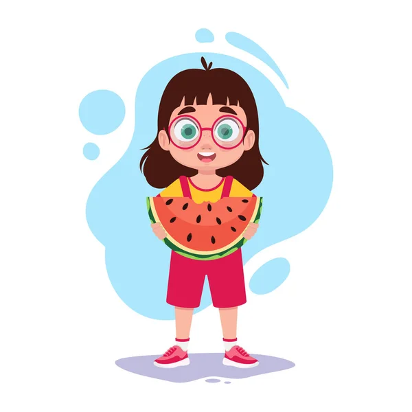 Schattig Meisje Met Een Watermeloen Haar Handen — Stockvector