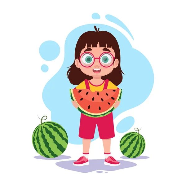 Schattig Meisje Met Een Watermeloen Haar Handen — Stockvector