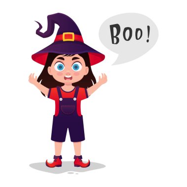 Cadı kostümü giymiş şirin bir çocuk korkutuyor.