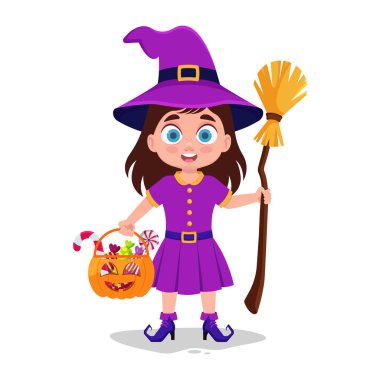 Cadı gibi giyinmiş çocuk Cadılar Bayramı 'na gider.