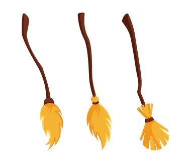 Süpürge seti, karikatür süpürgeleri beyaz üzerine izole edilmiş.