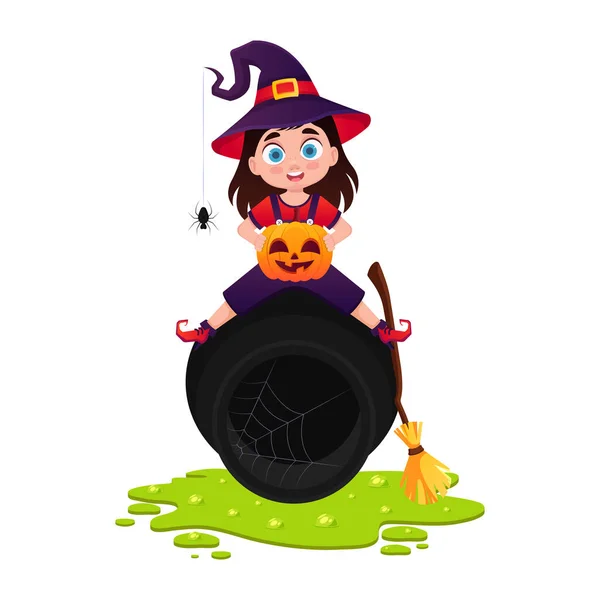 Милая Маленькая Девочка Костюме Ведьмы Тыквой Руках Праздник Хэллоуина — стоковый вектор