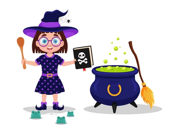 Girl Witch Costume Brews Potion — Stock Vector