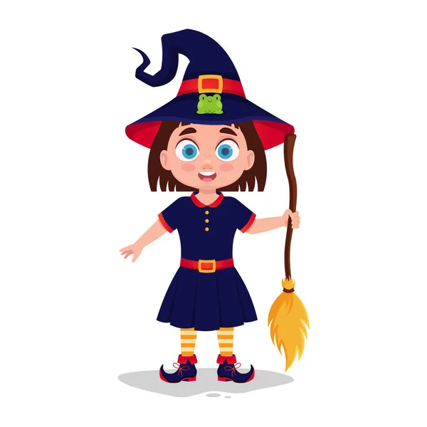 stock vector Child dressed as a witch goes to Halloween