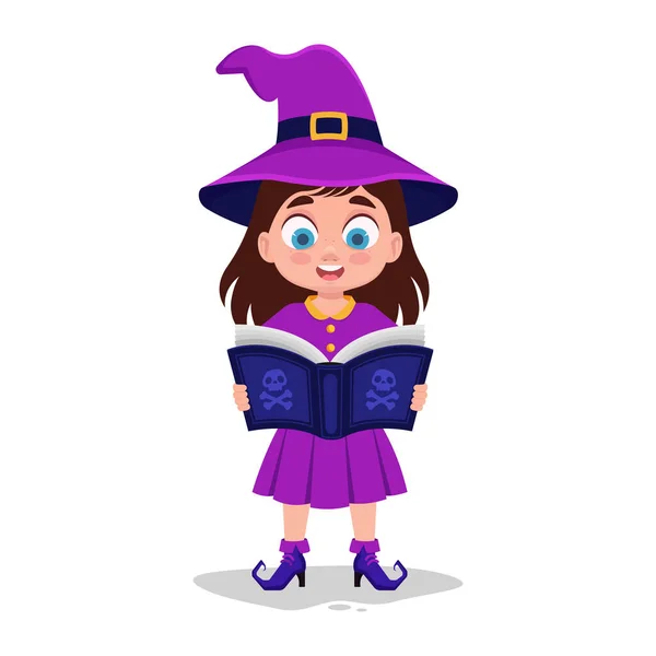 Милый Ребенок Костюме Ведьмы Читает Книгу — стоковый вектор