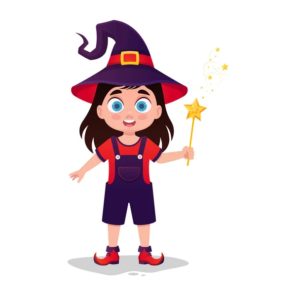 stock vector Cute child in a witch costume with a magic wand