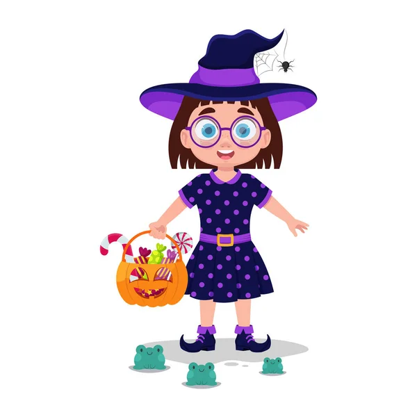 穿着巫婆装配糖果的可爱女孩 — 图库矢量图片