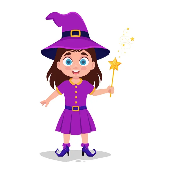 Cute Child Witch Costume Magic Wand — Stock Vector