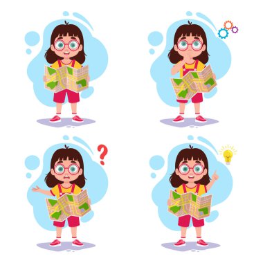 Elinde harita olan bir kızın çizimleri.