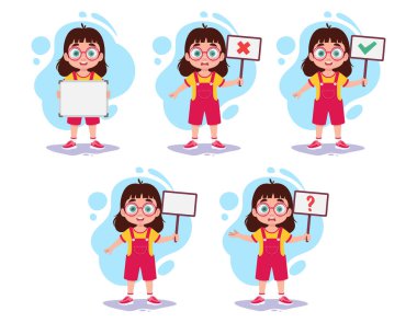 Elinde tabela tutan bir kızın beş resmi.