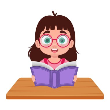 Vektör mutlu kız ders çalışıyor, kitap ellerinde.