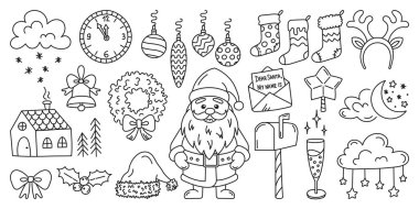 Beyaz arkaplandaki vektör noel karalama elemanları kümesi