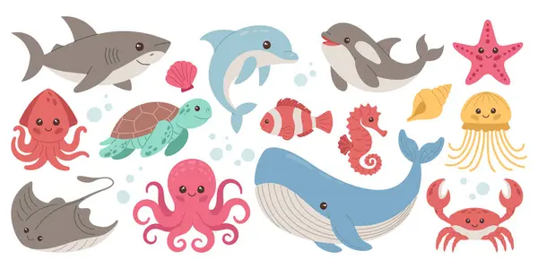 stock vector Set with hand drawn elements of sea animals, sea creatures. Vector doodle cartoon set of sea life objects for your design.