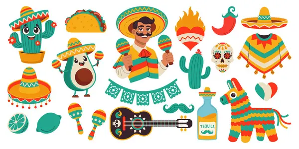 Conjunto Pegatinas Cinco Mayo Mayo Fiesta Federal México Banner Fiesta Ilustración De Stock
