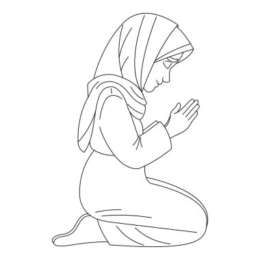 Başörtüsü içinde diz çöküp dua eden, dua okuyan, el çizimi, çizgi çizimi, sanat vektörü çizimi, beyaz arkaplan.