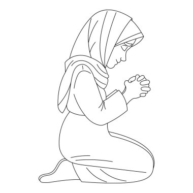 Başörtüsü içinde diz çöküp dua eden, dua okuyan, el çizimi, çizgi çizimi, sanat vektörü çizimi, beyaz arkaplan.