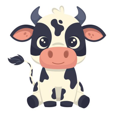 Küçük buzağı oturuşu, ön manzara, sevimli, beyaz arka planda izole edilmiş, el çizimi.