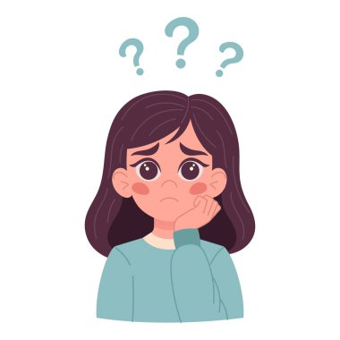 Kafasında soru işareti olan tuhaf bir jest yapan kız. Sürpriz anlayışı, şüphe, insan, düşünceli karakter, duygusal ifade. Düz vektör illüstrasyonu.