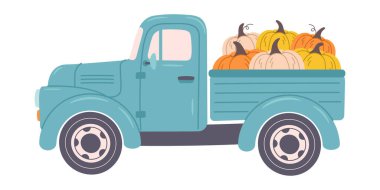 Blue truck with pumpkins, vector illustration clipart