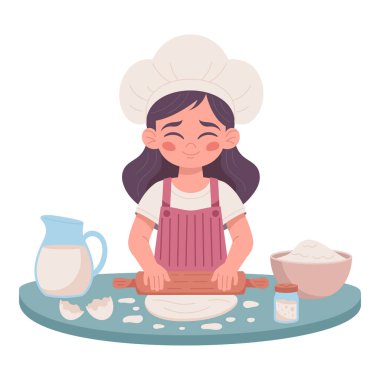 Mutfak Masasında Kız Aşçı Eğiliyor: Vektör Resimleri