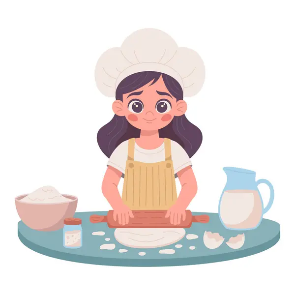 stock vector Girl Chef Kneading Dough at Kitchen Table: Vector Illustration