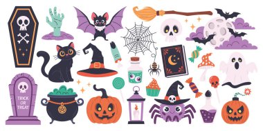 Happy Halloween day background element vector. Cute collection of creepy ghost, pumpkin, bat, candy, cat, skull, spider, grave, zombie hand. Adorable Halloween festival elements for decoration, prints clipart