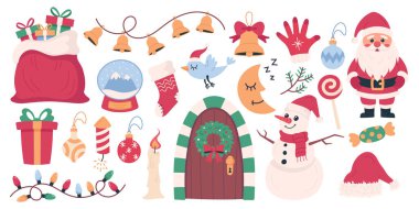 Noel ögeleri koleksiyonu: beyaz zemin üzerine el çizimi tatil sembolleri ve yeni yıl tasarımı