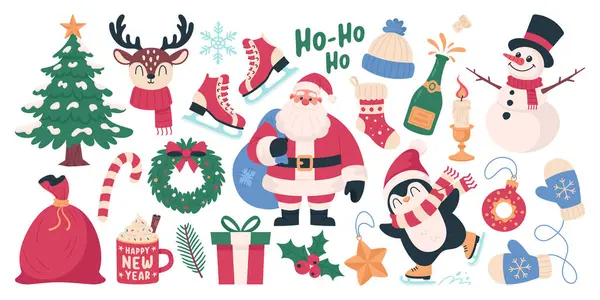 Noel seti. Noel elementleri beyaz arka planda elle çizilir