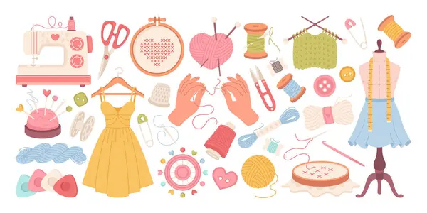Dikiş takımı, dikiş aletleri ve örgü aksesuarları koleksiyonu, beyaz arka planda el çizimi ve izole edilmiş