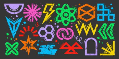 Grunge desenli renkli soyut geometrik semboller kümesi