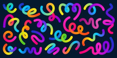 Kıvrımlı gökkuşağı eğimleriyle dolu canlı soyut bir arkaplan. Renkli vektör konfetileri ve 3 boyutlu festival flamaları. Kutlamalar ve partiler için parlak dekoratif unsurlar.